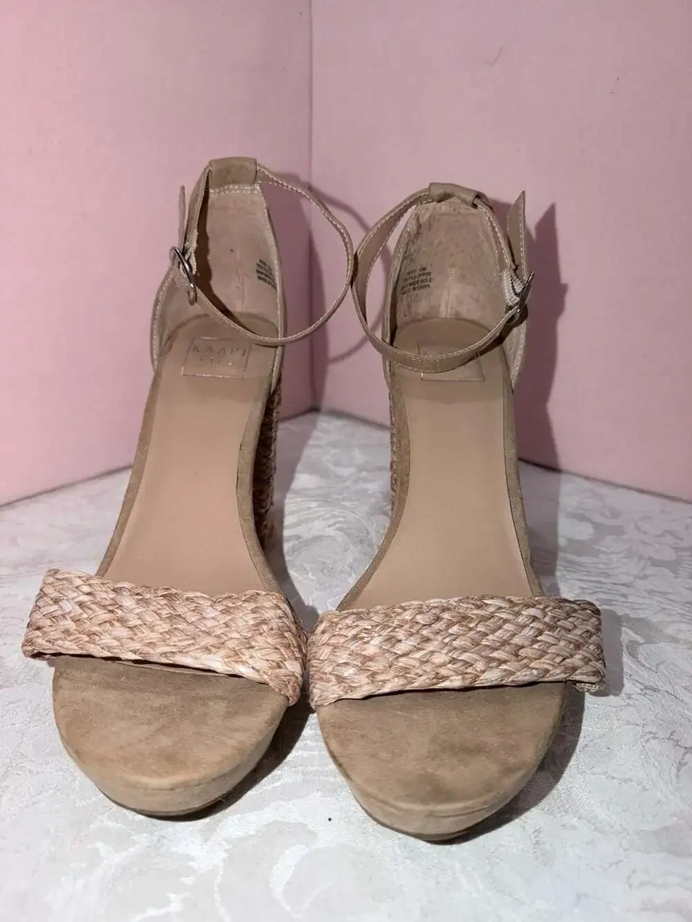 Kaari Blue Rory Neutral Woven Strap Ankle Strap Block Heel Sandals Size 10M